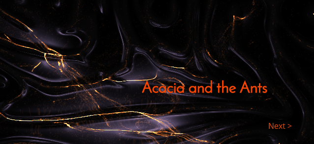 Animated canvas art: orange filaments of light drifting across a dark liquid surface, titled “Acacia and the Ants”.