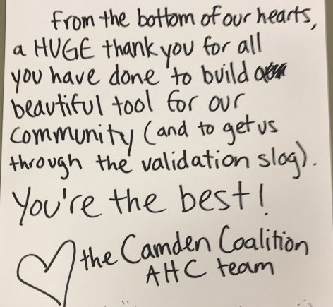 Handwritten note from the Camden Coalition AHC team thanking the team for building a beautiful tool for their community.