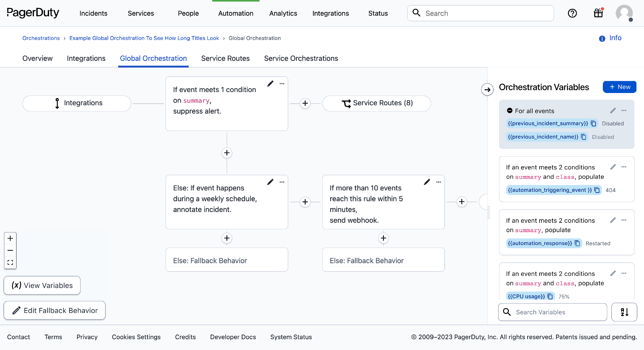 Global orchestration canvas: rules reading as plain-English sentences — if an event meets a condition on summary, suppress alert; else if it happens during a weekly schedule, annotate incident — with the Orchestration Variables drawer open at right.
