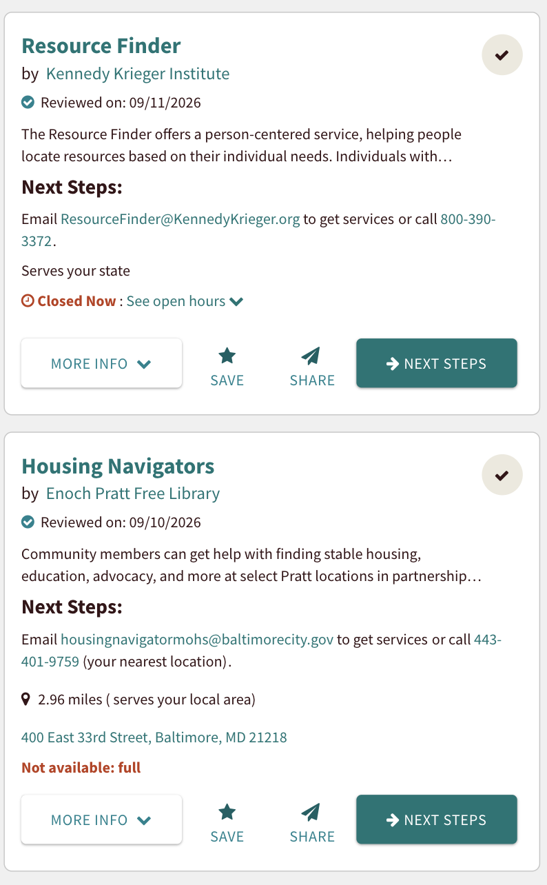 The same program cards on a phone: title, provider, summary, and Next Steps stacked in a single column with More info, Save, Share, and Next Steps actions.